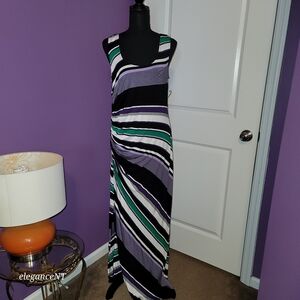 Spense Striped Sleeveless Maxi Dress - Purple, Black, Green Sz: L NWT